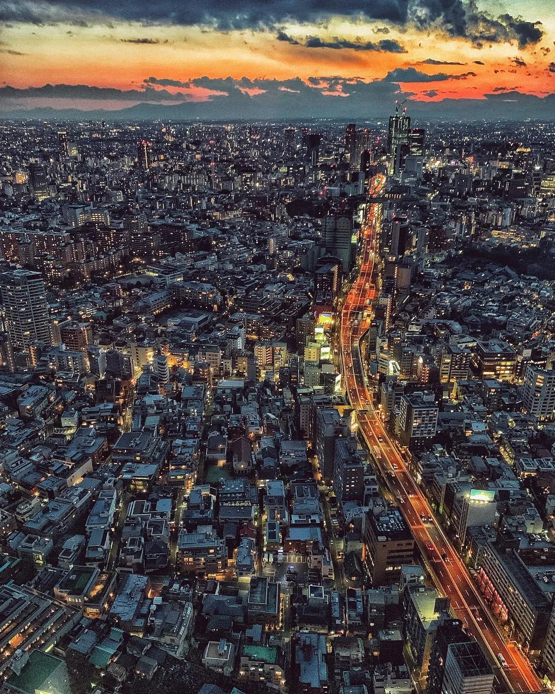 Tokyo stretches toward an orange and blue evening sky.