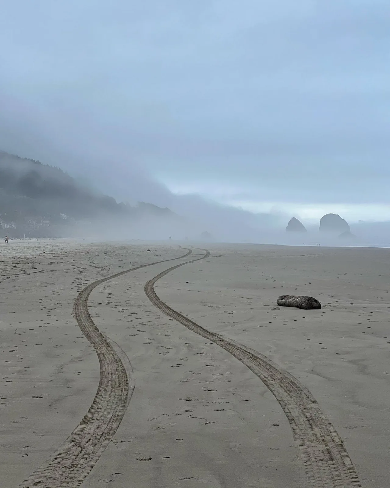 Tracks curve through misty sand toward distant sea stacks.