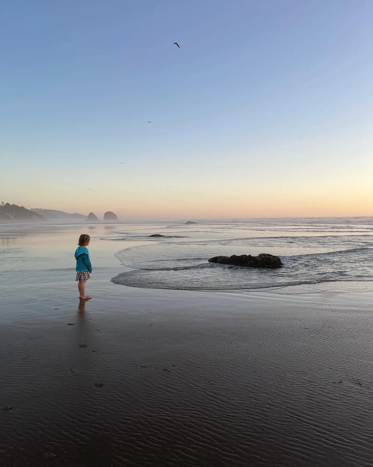 A child stands by the ocean in the soft light of dusk.