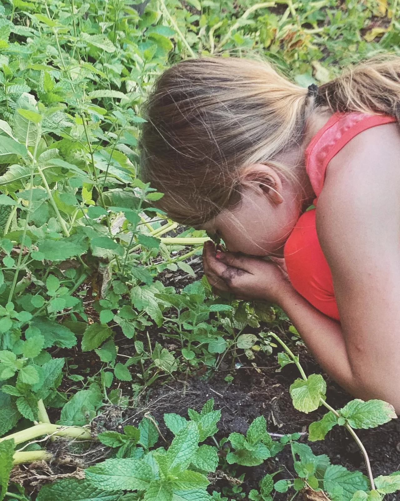 A child leans in to investigate plants in the undergrowth.